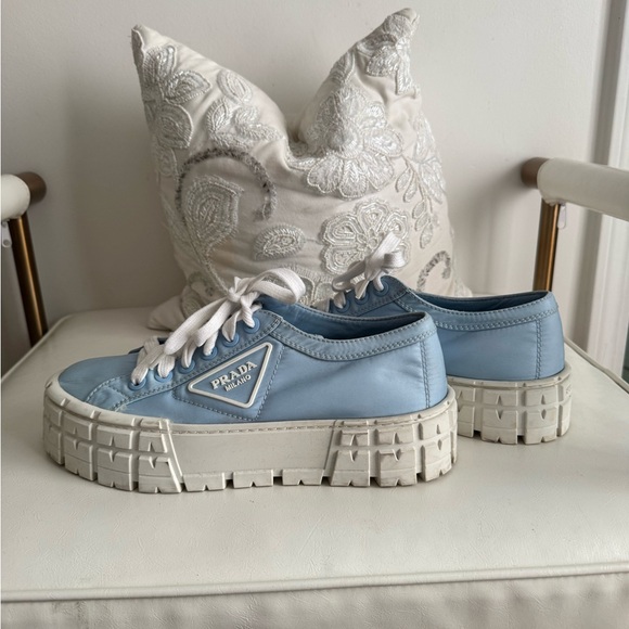 Prada Blue Nylon Platform Sneakers with White Lug Soles - Picture 3 of 4